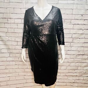 Eloquii Womens Black Sequined Faux Wrap Long Sleeve Midi Dress Size 18 (NWOT)